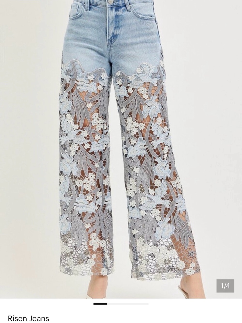 Gorgeous Risen Jeans Light Blue Wide Patchwork Lace Panel Jeans. Size 7/28